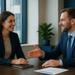 Professionnel confiant négociant une augmentation de salaire lors d'un entretien avec son manager dans un bureau moderne