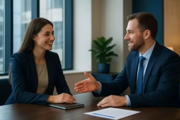 Professionnel confiant négociant une augmentation de salaire lors d'un entretien avec son manager dans un bureau moderne
