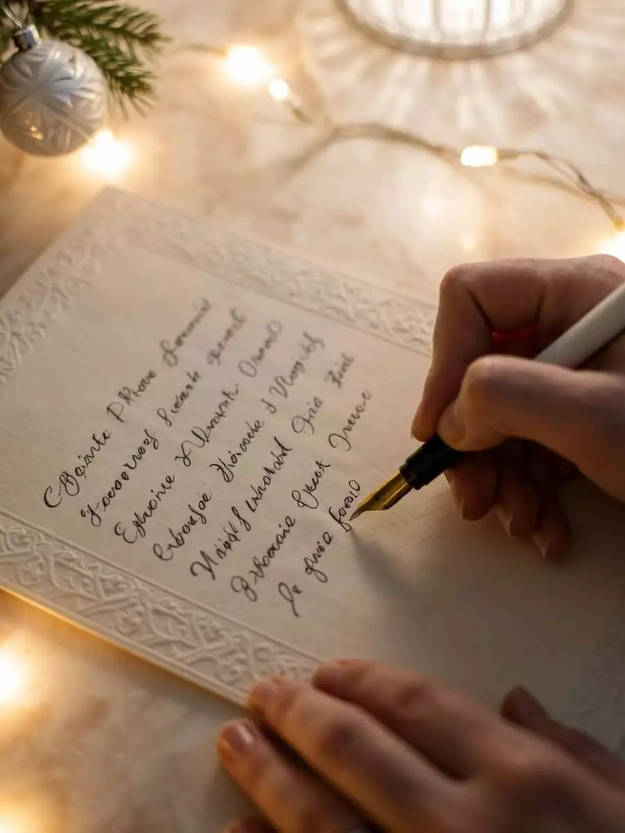 Personne écrivant carte de Noël personnalisée pour amis avec stylo et décorations