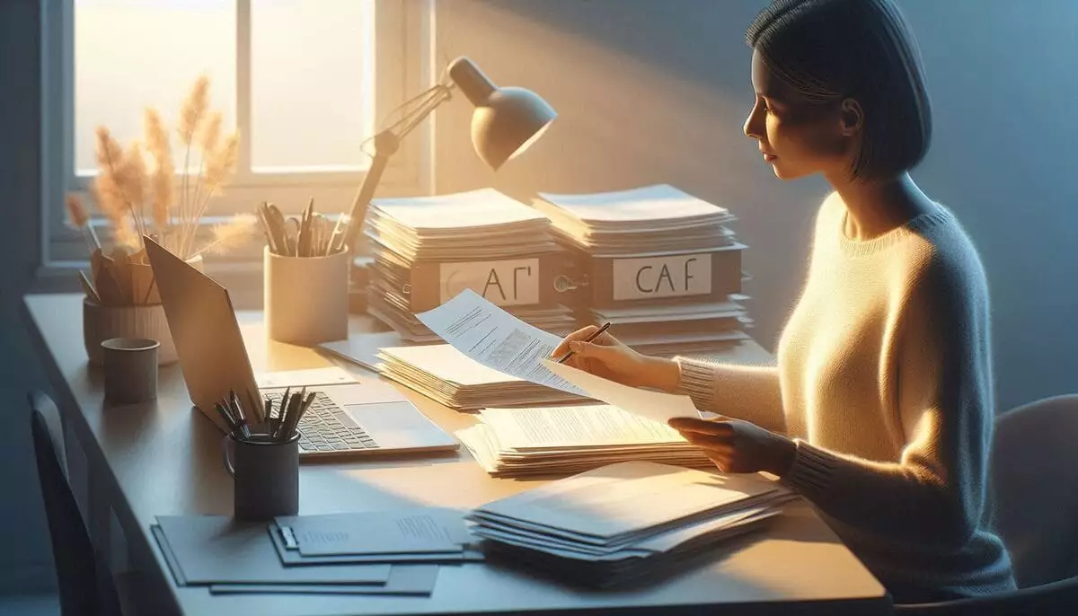 Personne déterminée consultant son dossier CAF avec documents administratifs, ambiance lumineuse et pleine d'espoir