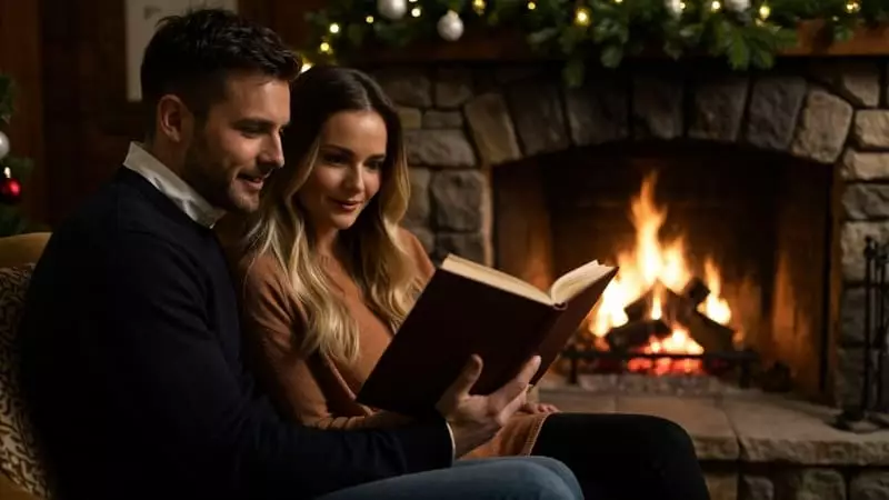 Couple lisant poème romantique ensemble près feu de cheminée et sapin de Noël