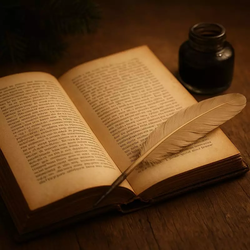 Livre ancien ouvert avec plume d'écriture et étoiles lumineuses poésie de Noël