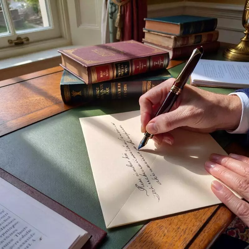 Écriture d'une lettre manuscrite sur un bureau, symbolisant l'accompagnement personnalisé dans la rédaction de courriers