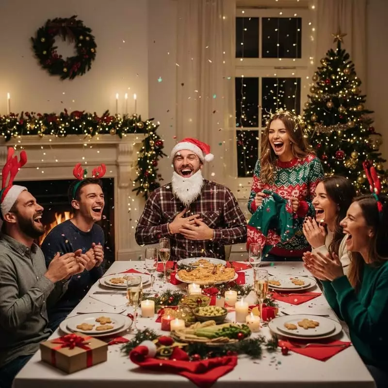 Famille riant ensemble à table repas Noël avec situation comique