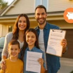 Famille heureuse devant maison et voiture après économies résiliation assurance Famille heureuse devant maison et voiture après économies résiliation assurance
