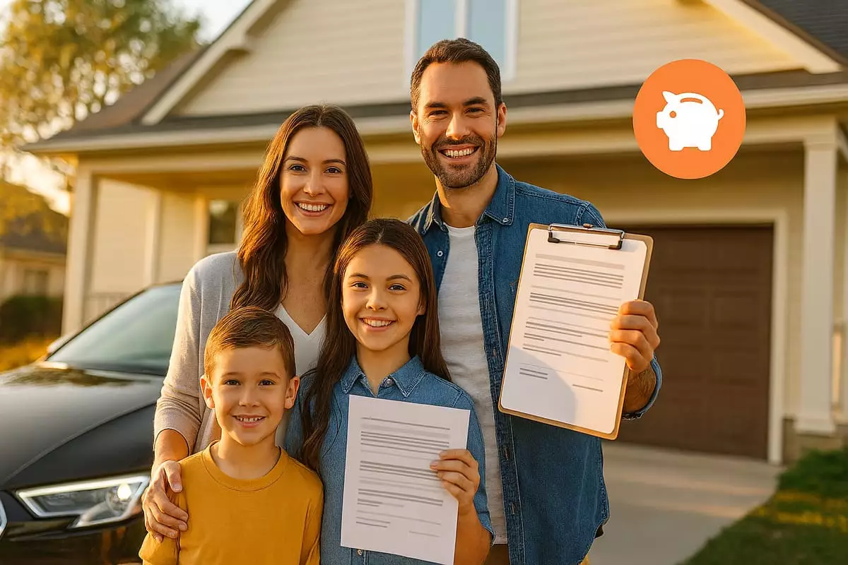 Famille heureuse devant maison et voiture après économies résiliation assurance
