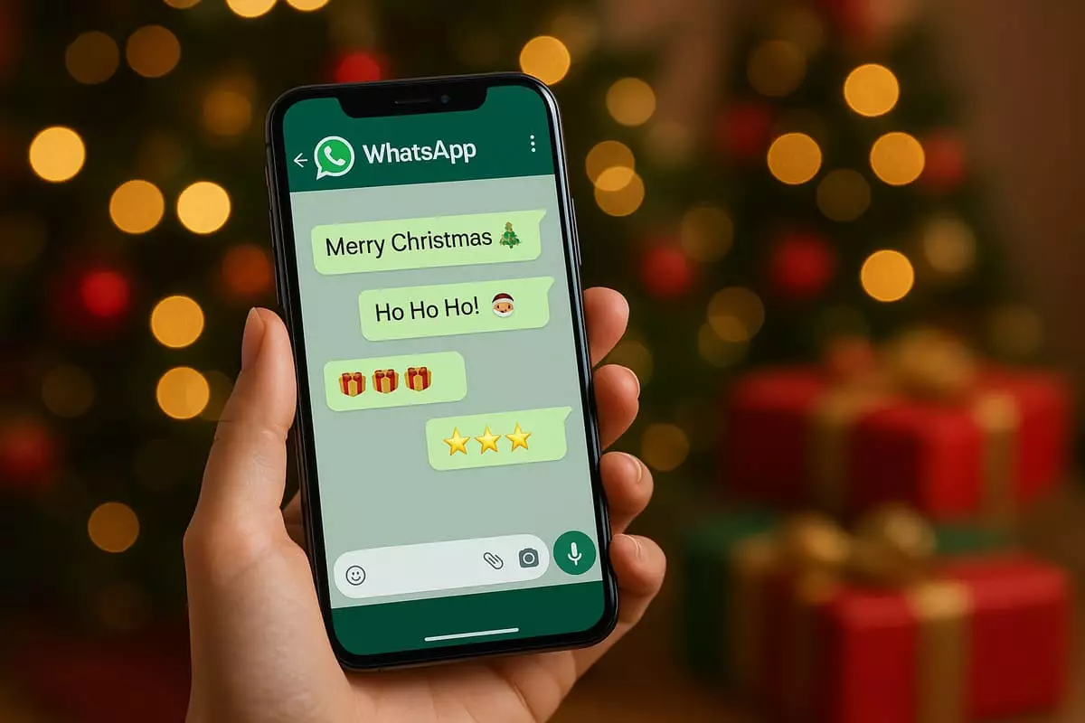 Smartphone affichant des SMS de Joyeux Noël 2025 sur écran WhatsApp avec sapin et cadeaux en arrière-plan