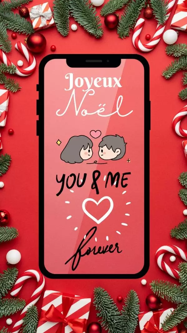 Smartphone avec conversation WhatsApp romantique et emojis cœurs pour Noël