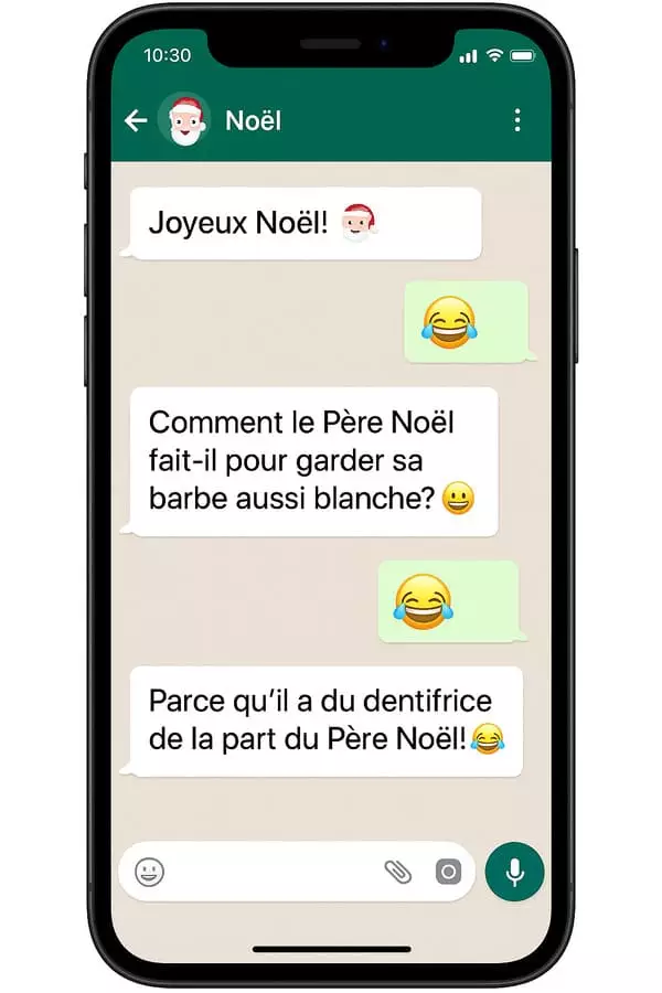 Smartphone avec conversation WhatsApp drôle et emojis rieurs pour Noël