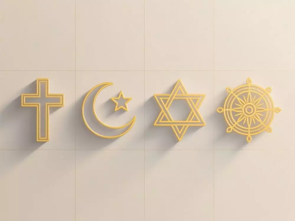 Symboles religieux pour faire-part : croix catholique, croissant musulman, étoile juive, dharma bouddhiste