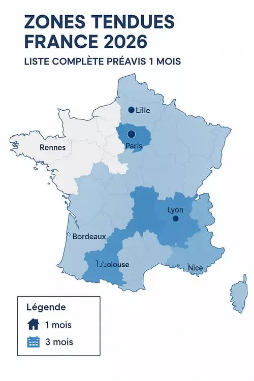 Carte de France montrant les zones tendues permettant un préavis réduit à 1 mois