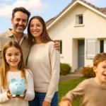 Famille heureuse devant sa maison après avoir économisé sur son assurance emprunteur Famille heureuse devant sa maison après avoir économisé sur son assurance emprunteur