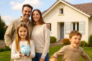 Famille heureuse devant sa maison après avoir économisé sur son assurance emprunteur