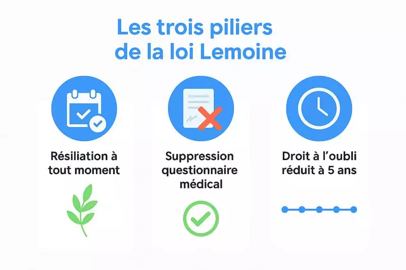 Infographie des 3 piliers de la loi Lemoine résiliation à tout moment, suppression questionnaire médical, droit à l'oubli