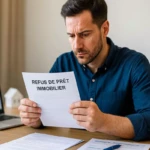 Homme inquiet lisant lettre refus prêt immobilier avec solutions recours Homme inquiet lisant lettre refus prêt immobilier avec solutions recours
