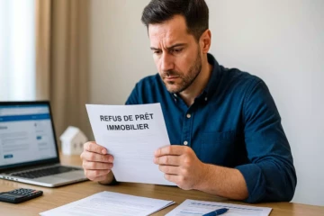 Homme inquiet lisant lettre refus prêt immobilier avec solutions recours