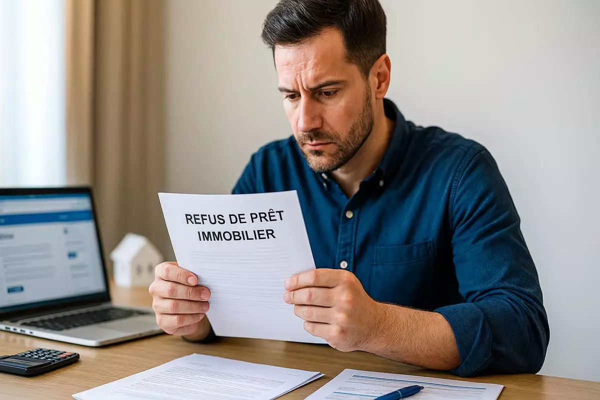 Homme inquiet lisant lettre refus prêt immobilier avec solutions recours