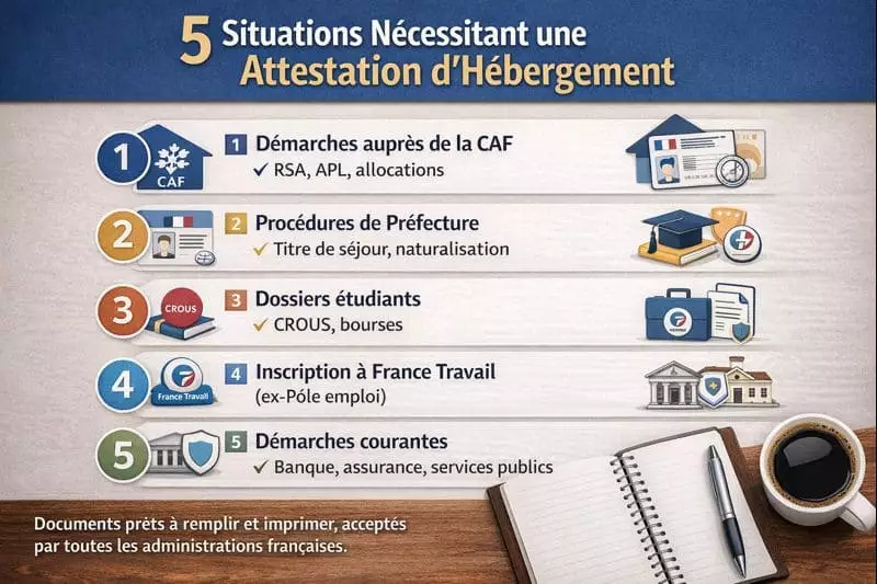Infographie situations attestation hébergement 2026 — CAF Préfecture France Travail étudiant banque