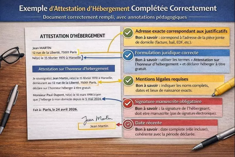 Exemple attestation hébergement complétée 2026 avec annotations — modèle rempli CAF Préfecture