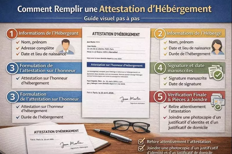 Guide étapes remplir attestation hébergement PDF 2026 — tutoriel pas à pas signature documents