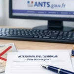 Attestation sur l'honneur perte carte grise avec documents administratifs officiels et stylo sur bureau moderne Attestation sur l'honneur perte carte grise avec documents administratifs officiels et stylo sur bureau moderne