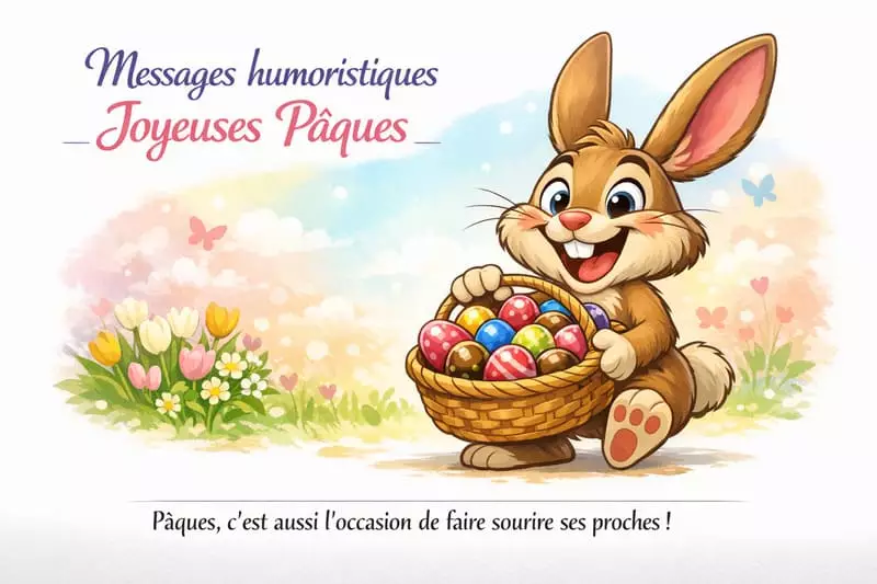 Lapin de Pâques rigolo avec panier de chocolats