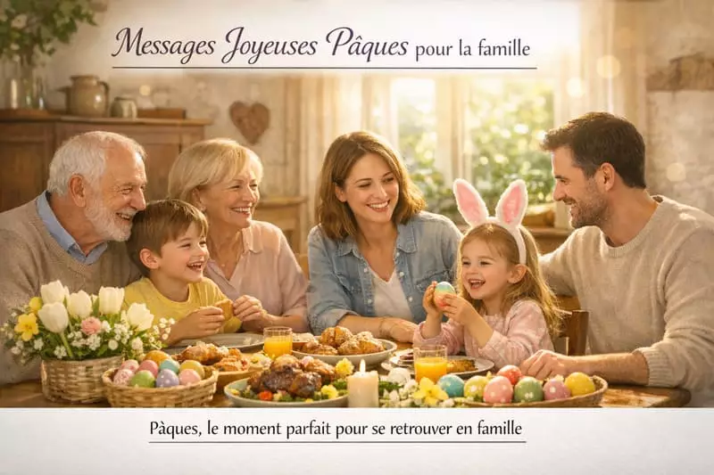 Famille réunie autour d'un repas de Pâques — messages et vœux pour la famille