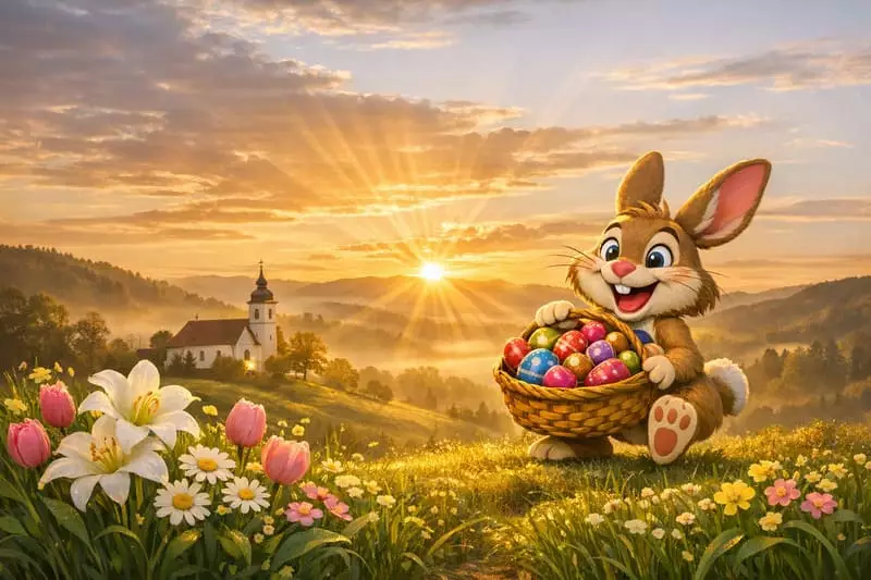 Lever de soleil printanier et clocher d'église pour Joyeuses Pâques