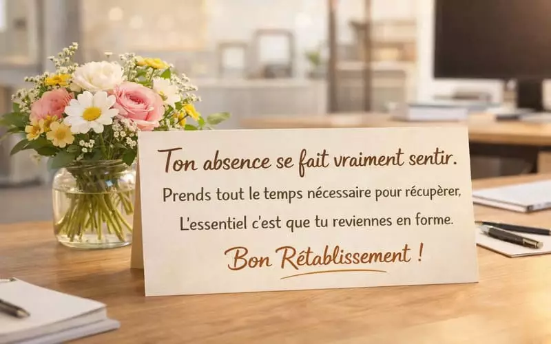 Message bon rétablissement collègue — bouquet et carte sur un bureau professionnel