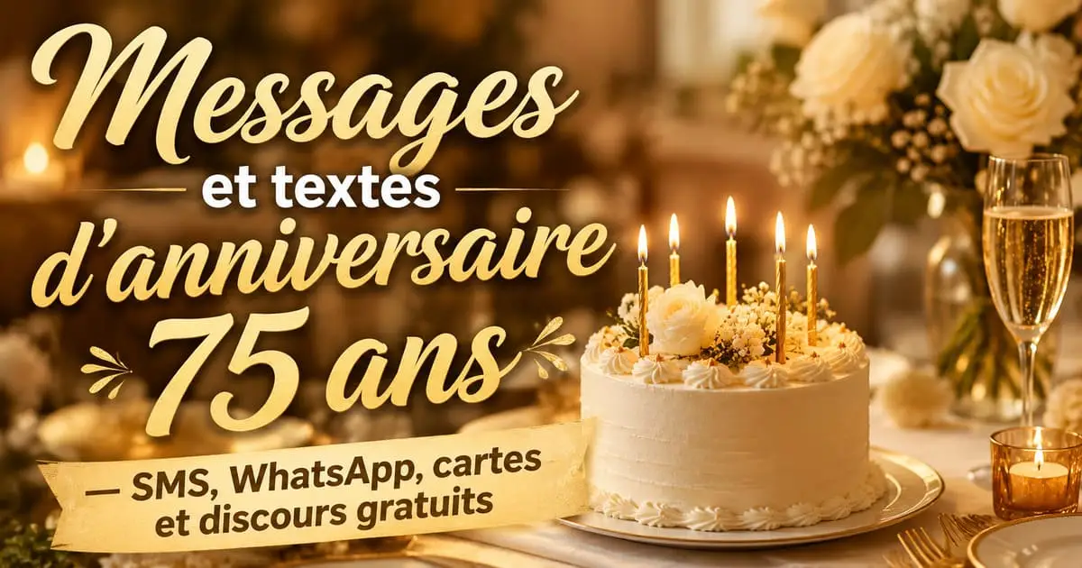 Anniversaire 75 ans — Messages, textes et discours gratuits Messages et textes d'anniversaire 75 ans — SMS, WhatsApp, cartes et discours gratuits