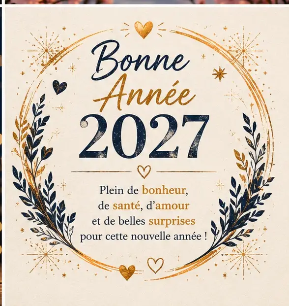 Carte Bonne Année 2027 avec couronne florale Carte Bonne Année 2027 avec couronne florale et vœux de bonheur, santé et amour
