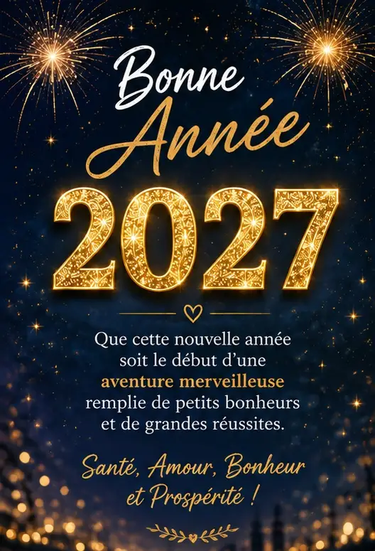 Bonne Année 2027 avec feux d'artifice Carte Bonne Année 2027 avec feux d'artifice, message de santé, amour, bonheur et prospérité