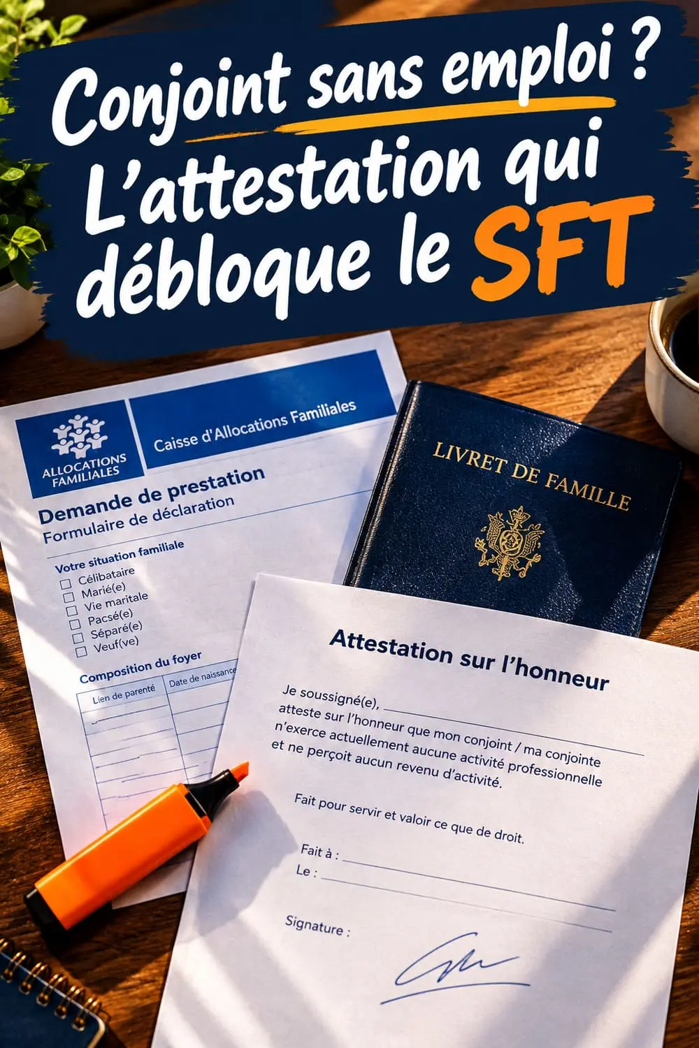 Conjoint sans emploi ? L'attestation sur l'honneur qui débloque le SFT, prête à copier Attestation sur l'honneur de non-perception du SFT posée sur une table à côté d'un livret de famille et d'une attestation CAF