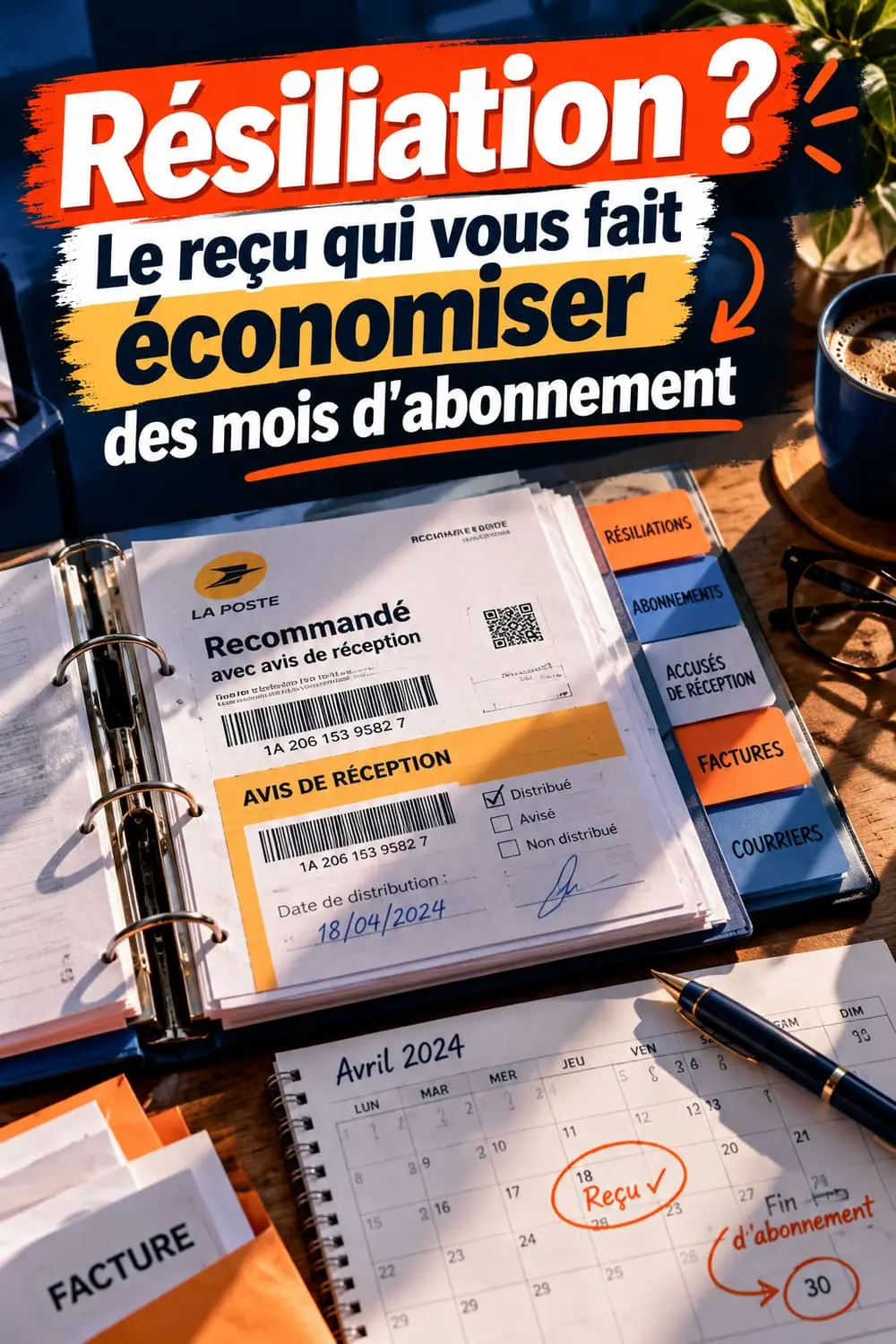 Résilier un contrat sans payer un mois de trop : le modèle de lettre et les preuves à garder Classeur ouvert contenant des accusés de réception de courriers de résiliation d'abonnements, avec un stylo et un calendrier