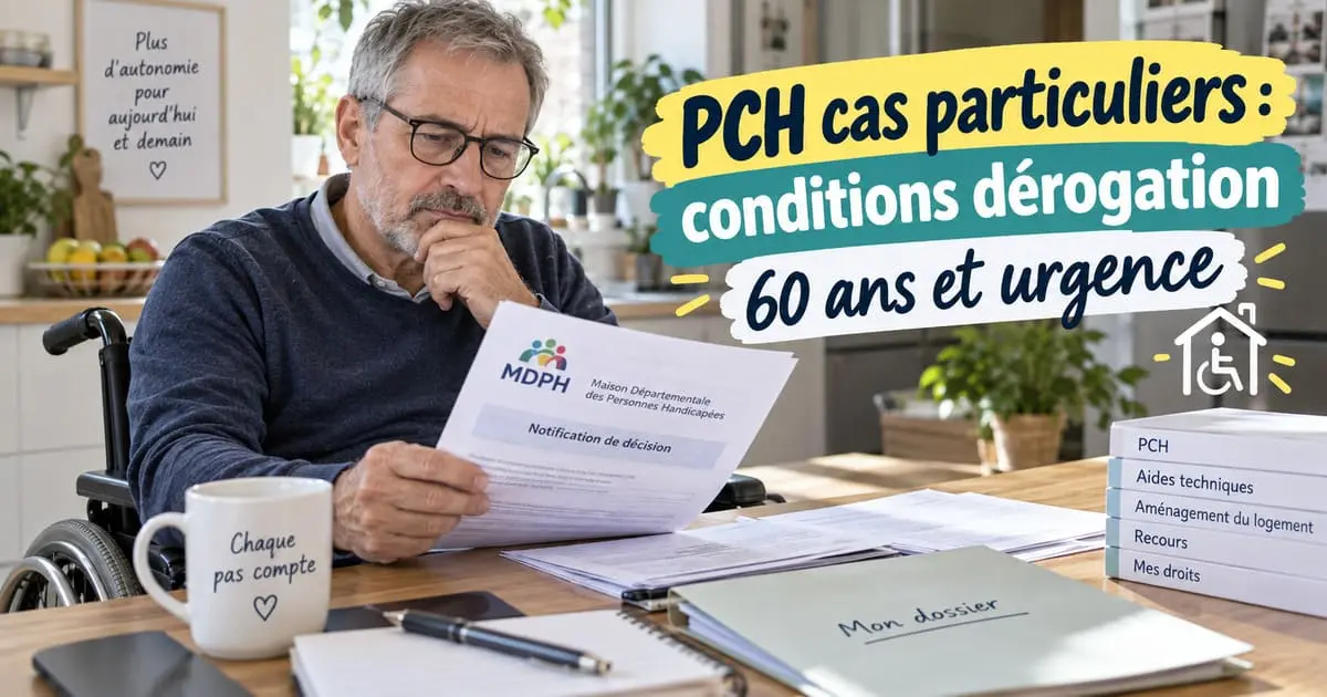 PCH cas particuliers : conditions dérogation 60 ans et urgence 2026 homme en fauteuil roulant lisant une notification MDPH PCH à sa table de cuisine