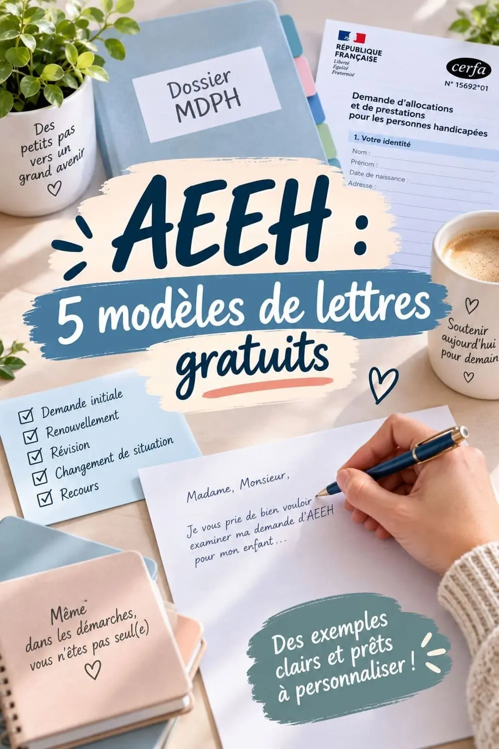 5 modèles de lettre AEEH gratuits pour obtenir l'allocation de votre enfant handicapé en 2026 Lettre de demande AEEH avec formulaire Cerfa 15692 et certificat médical MDPH