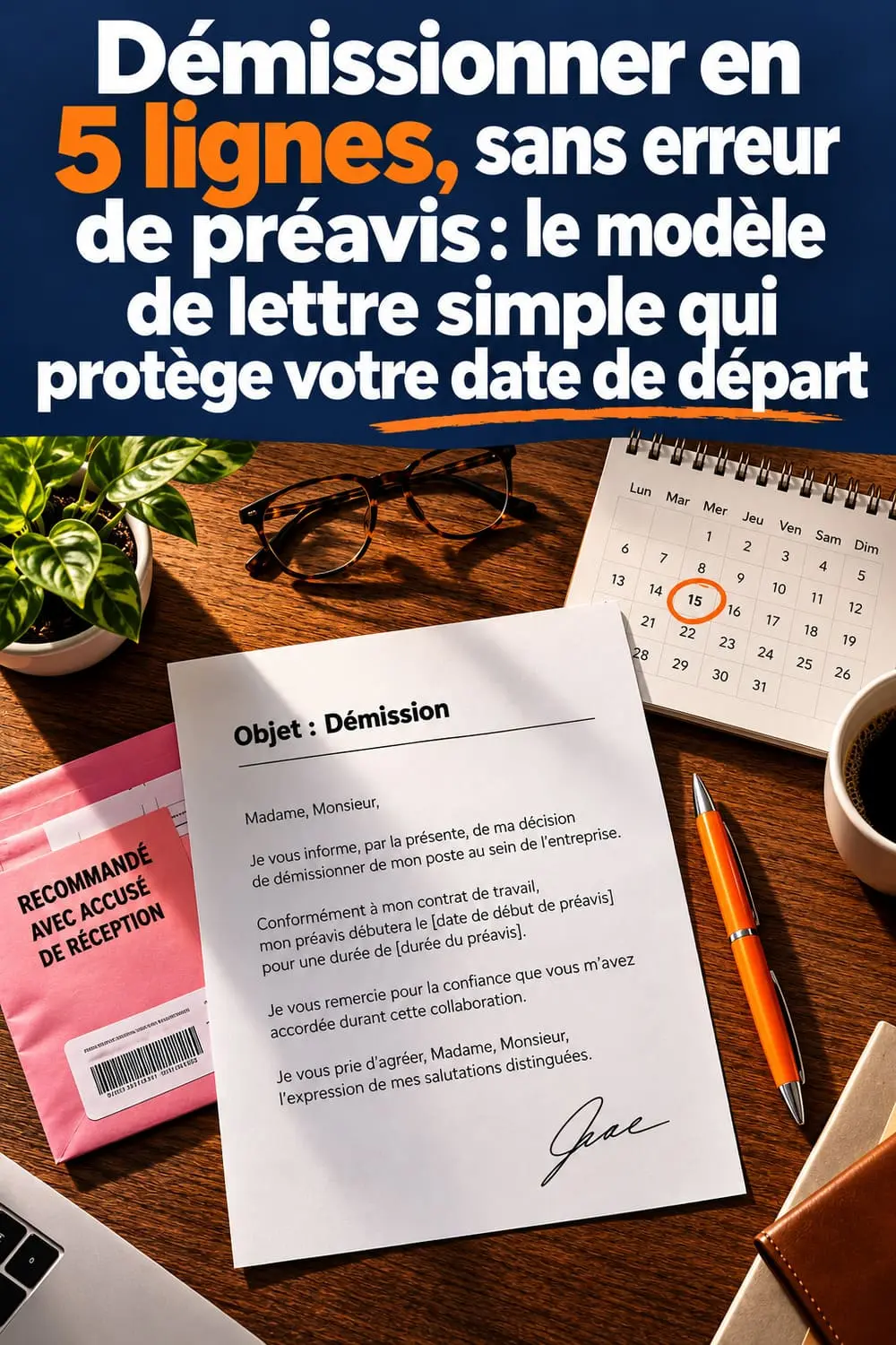 Démissionner en 5 lignes : le modèle simple qui protège votre date de départ Lettre de démission d'une page posée sur un bureau avec un stylo et une enveloppe de recommandé avec accusé de réception