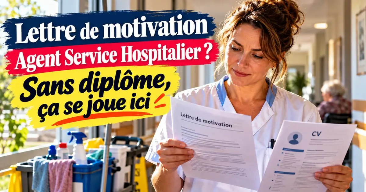 Lettre de motivation ASH pour un poste d'agent de service hospitalier Femme en blouse d'agent de service hospitalier relisant sa lettre de motivation et son CV avant un entretien dans le couloir d'un EHPAD