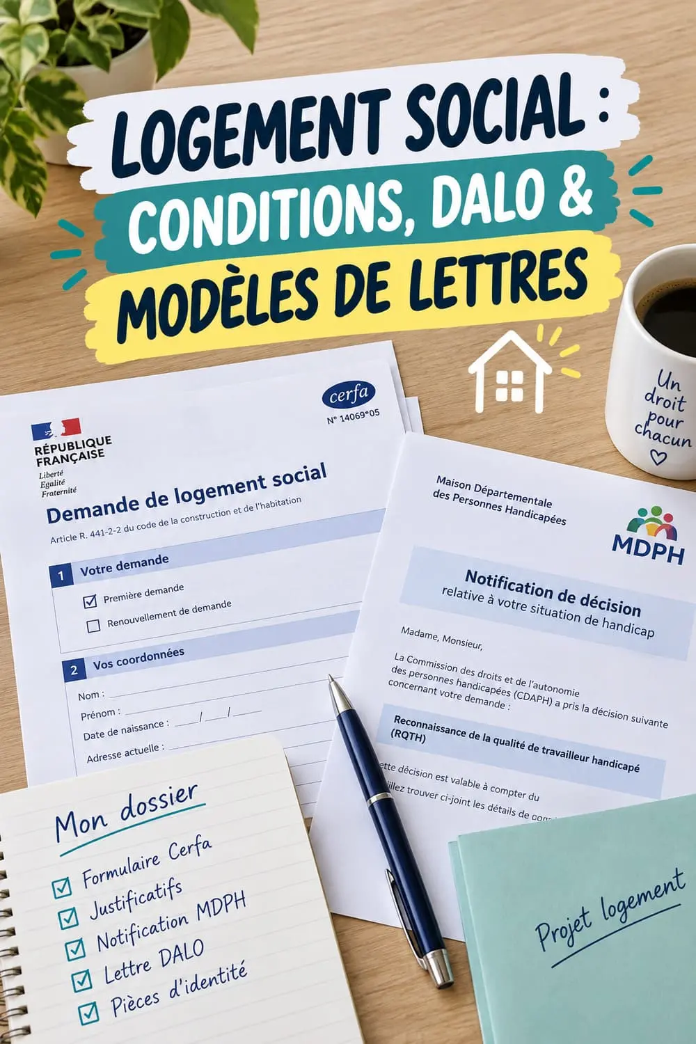 Demande de logement social : conditions 2026, DALO et surclassement handicap. 4 modèles de lettres gratuits à copier. Modèles de lettres de demande de logement social avec dossier de pièces justificatives et notification MDPH pour handicap