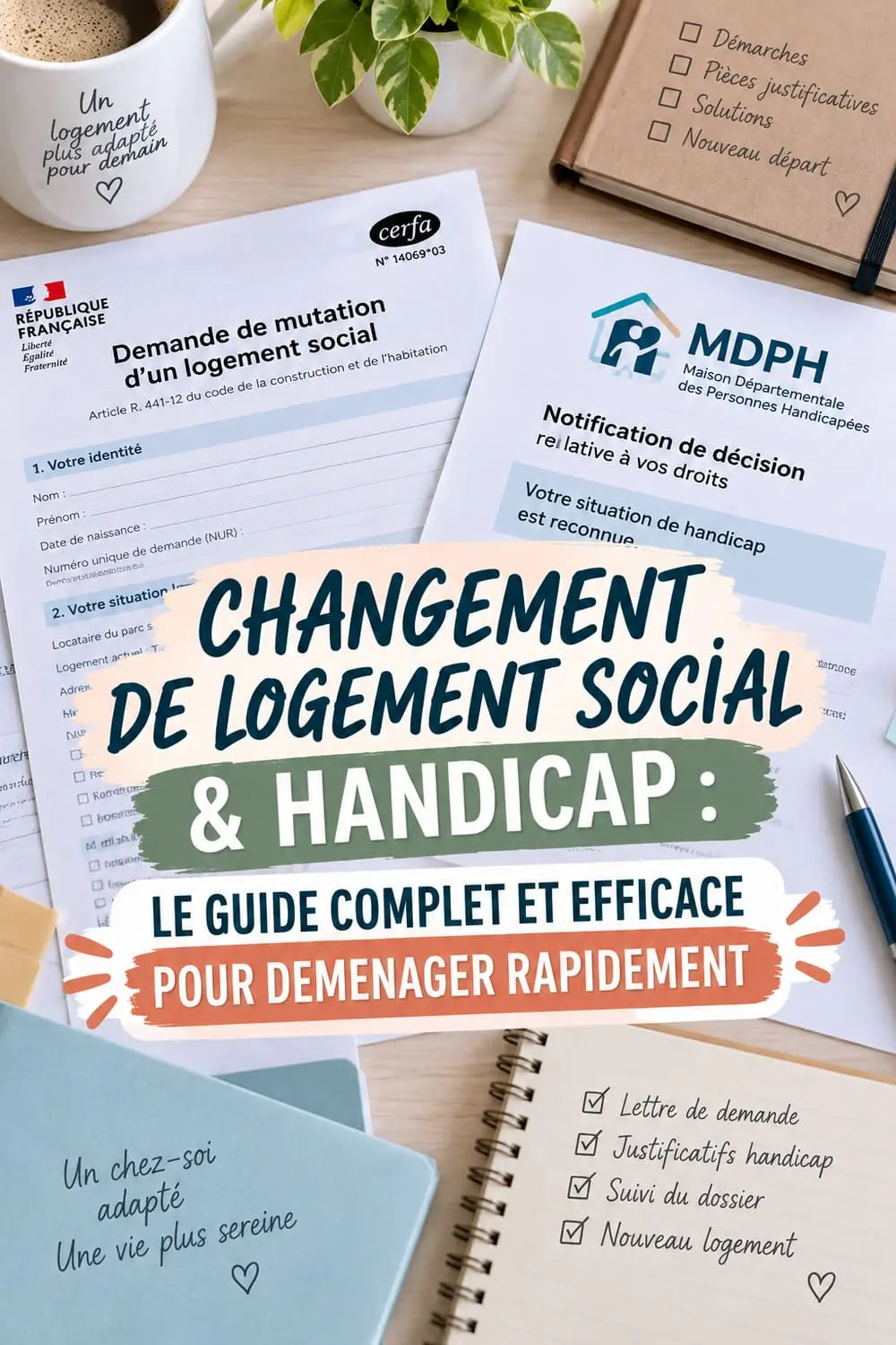 Mutation logement social et handicap : guide complet et modèle de lettre gratuit Modèle de lettre de mutation logement social pour une personne handicapée posé à côté d'une notification MDPH