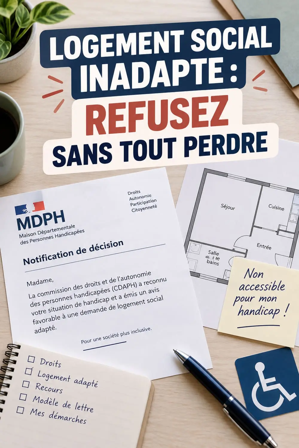 Modèle de lettre de refus motivé d'un logement social inadapté posé à côté d'une notification MDPH et d'un plan d'appartement