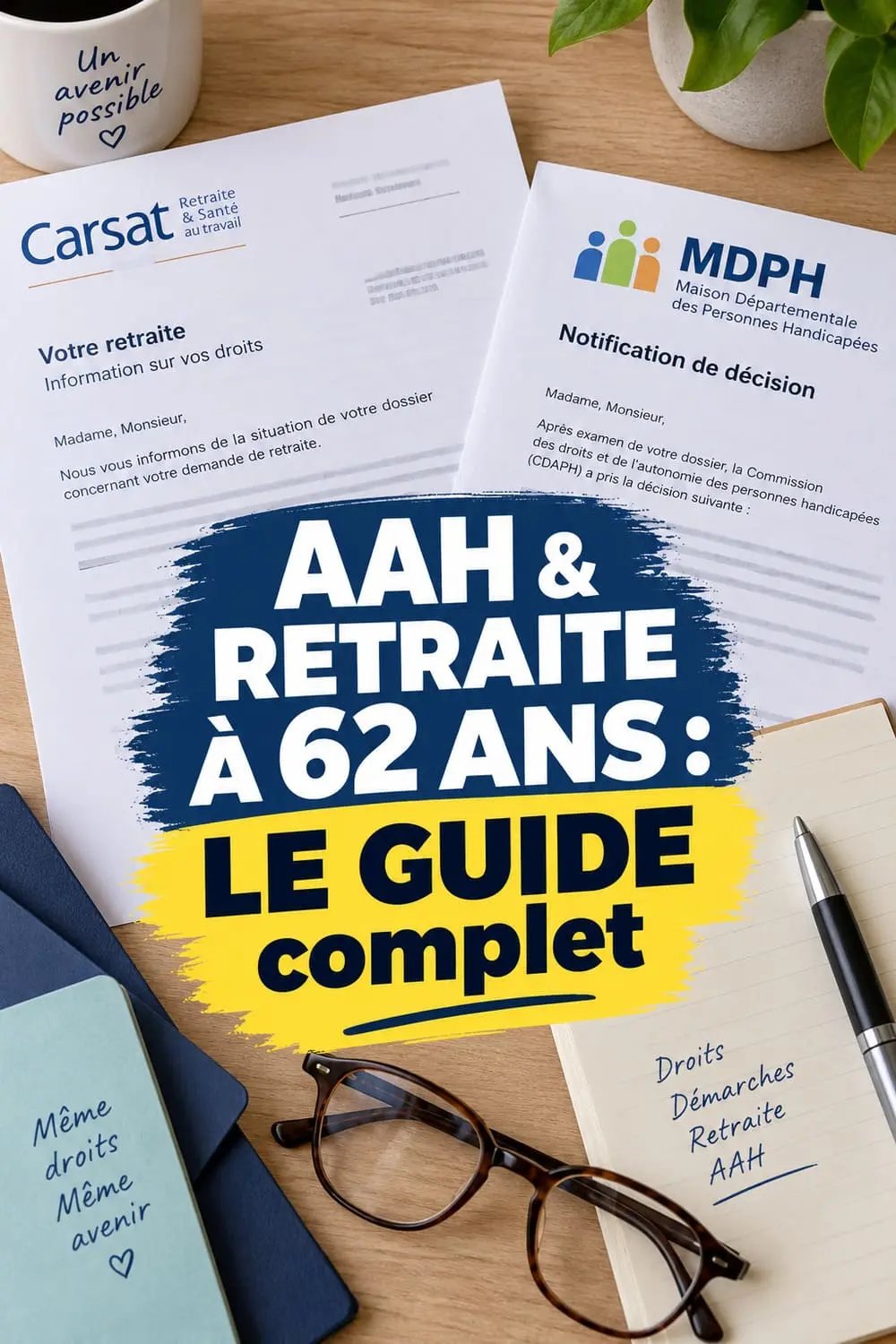 Modèle de lettre de refus de mise à la retraite automatique posé à côté d'un courrier CARSAT et d'une notification AAH
