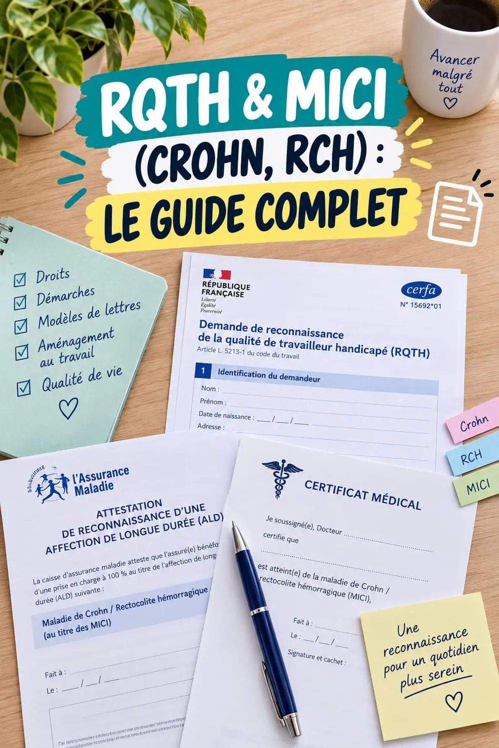 Modèle de lettre RQTH pour maladie de Crohn ou RCH posé à côté d'une attestation ALD et d'un certificat médical
