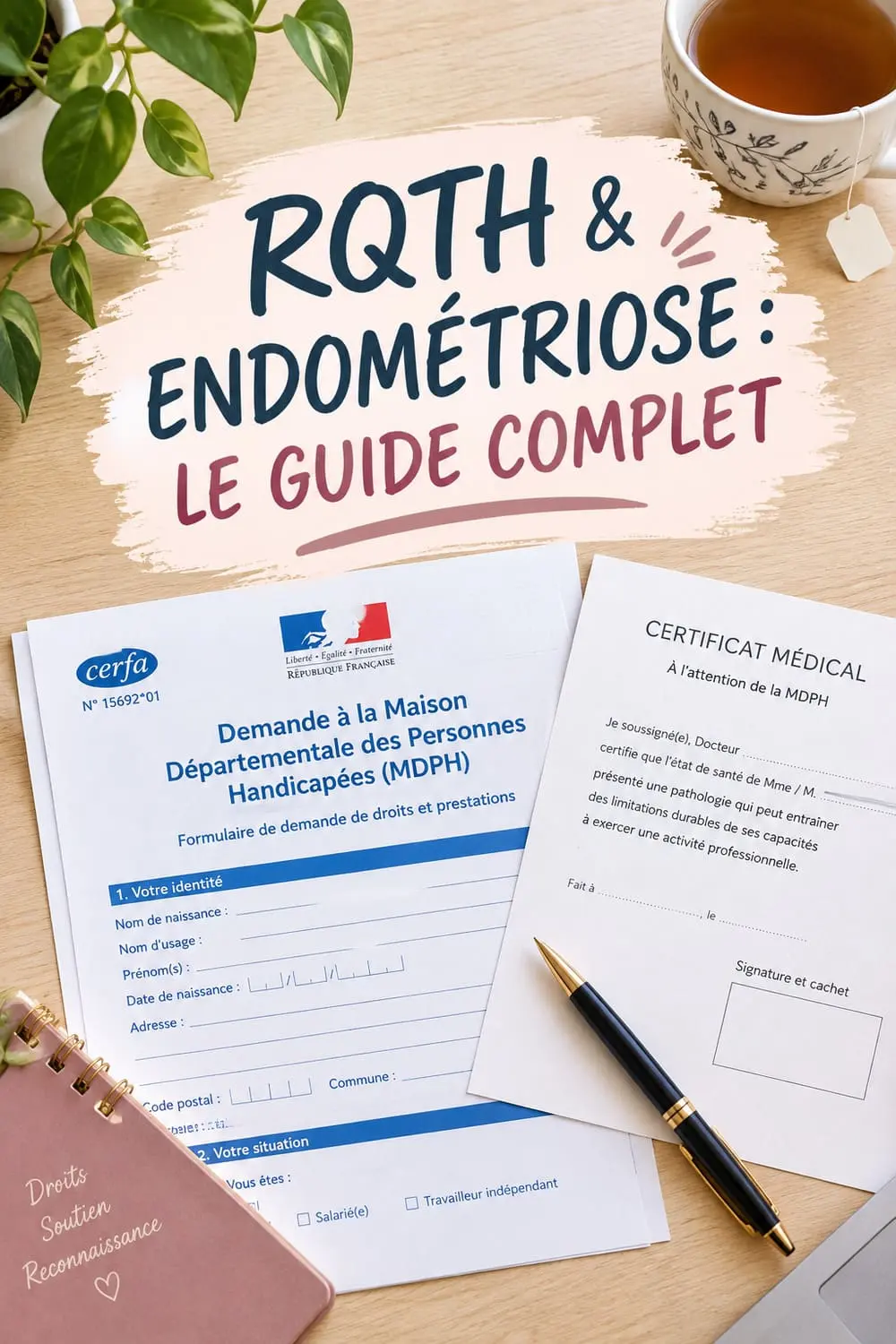 Modèle lettre RQTH maladie invisible endométriose Modèle de lettre RQTH pour une maladie invisible comme l'endométriose posé à côté d'un certificat médical