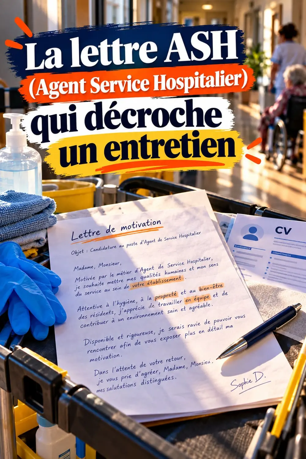 Sans diplôme ni expérience : la lettre de motivation ASH qui décroche un entretien Lettre de motivation d'agent de service hospitalier posée sur un chariot d'entretien dans un couloir d'EHPAD