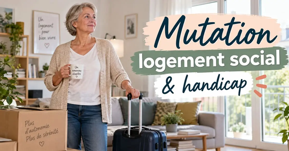Mutation logement hlm social handicap priorité veuvage sous-occupation Femme seule dans un salon spacieux, valise préparée pour un déménagement vers un logement plus petit
