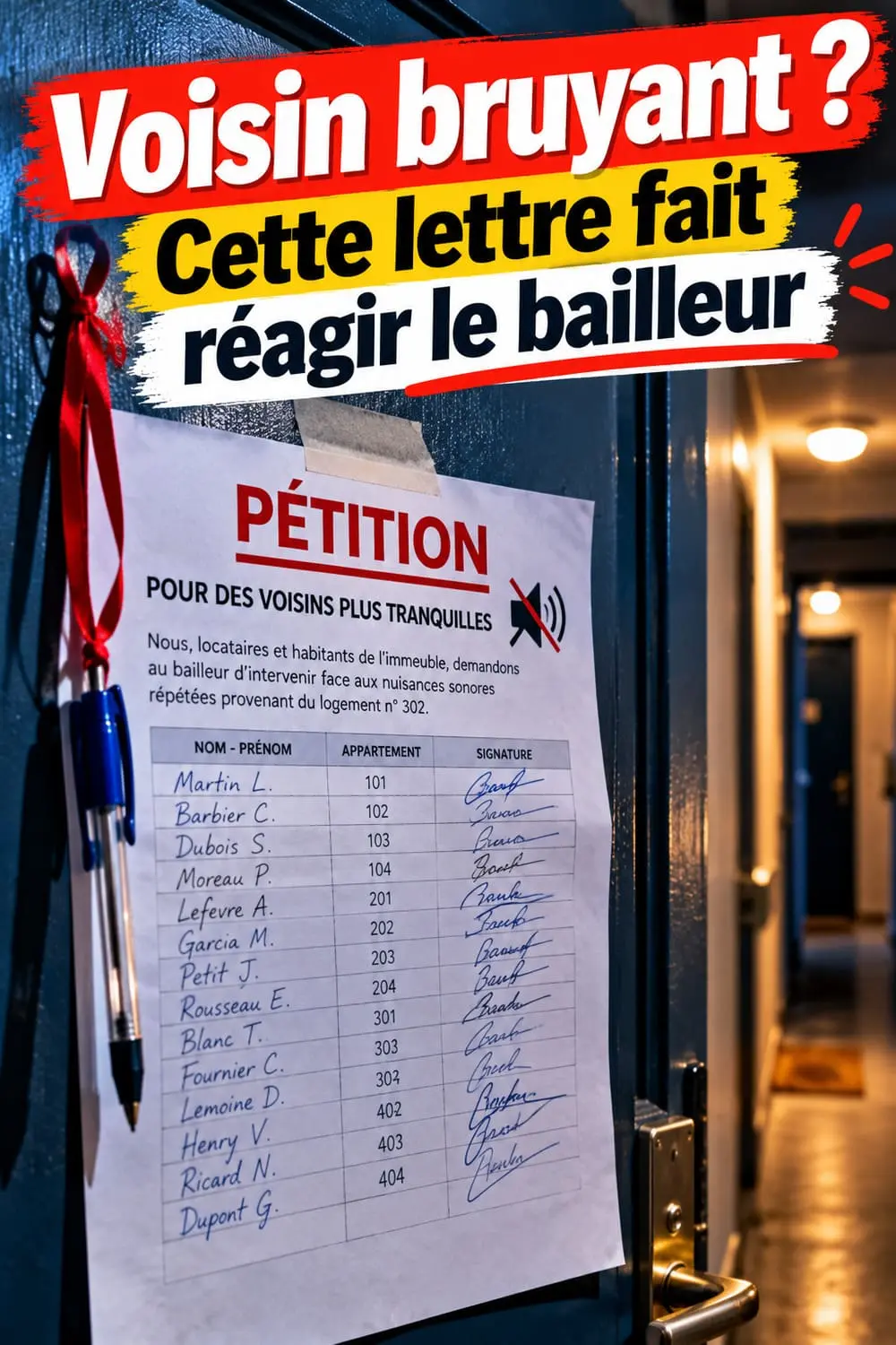 Voisin bruyant ? La pétition collective qui fait enfin réagir le bailleur Feuille de pétition remplie de signatures posée sur une porte d'appartement, stylo accroché par un ruban