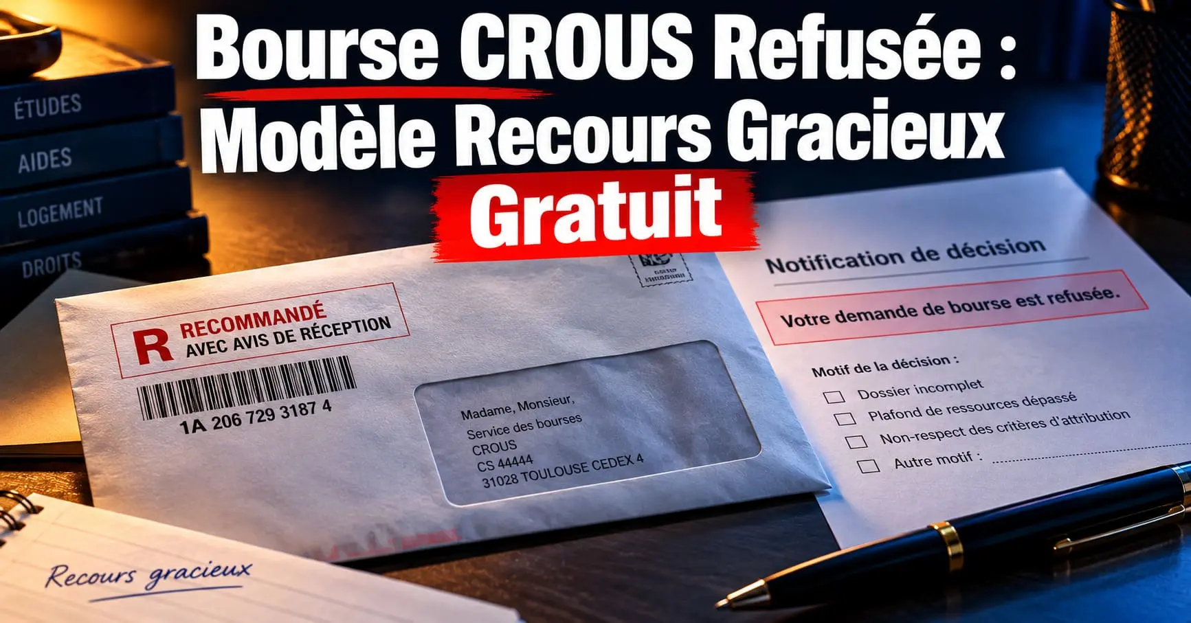 Recours gracieux bourse CROUS refusée : démarches et lettre type recours gracieux lettre recommandée refus bourse CROUS