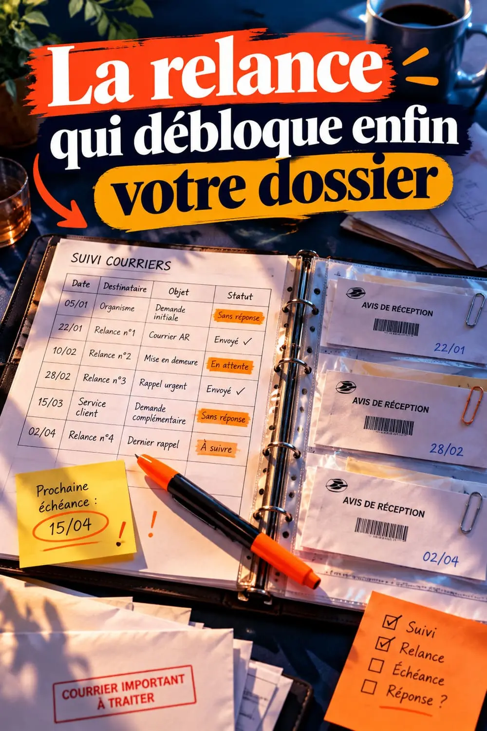 Classeur de suivi de relances avec courriers datés, accusés de réception et échéances surlignées au feutre