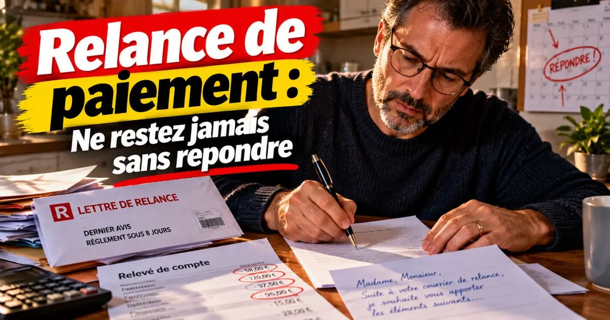Répondre par écrit à une lettre de relance de paiement Homme assis à une table de cuisine rédigeant une réponse écrite à une lettre de relance de paiement, relevé bancaire et calendrier posés à côté